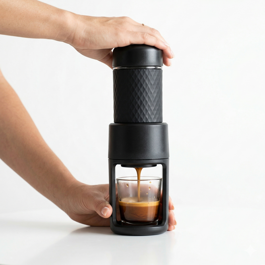 small portable manual espresso coffee machine fitting easily into bag for travel use